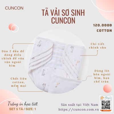 Tã vải sơ sinh dán CUNCON (Set 5 tả, Trắng in hình nhiều họa tiết)